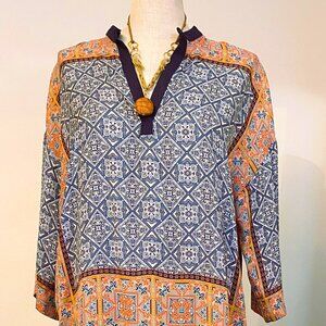 Zara Basic White, Blue, and Orange Flowy V-Neck Tunic